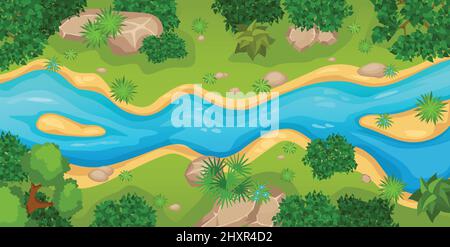 Cartoon vista dall'alto paesaggio fluviale con alberi verdi, cespugli e pietre. Scena estiva della natura con illustrazione vettoriale della foresta e del flusso d'acqua. Riverside con piante, ambiente selvaggio scena Illustrazione Vettoriale