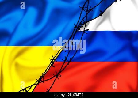 Bandiere di seta della Federazione Russa e dell'Ucraina divise da illustrazione del filo del barb, concetto delle relazioni tese fra l'Ucraina e la Russia Foto Stock