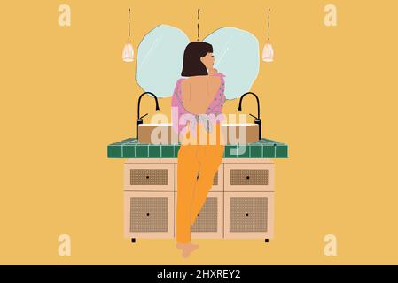 Giovane donna che si prende cura di se stessa in bagno, in piedi indietro vicino al tavolo con lavandini e specchi. Illustrazione vettoriale in stile piatto Illustrazione Vettoriale
