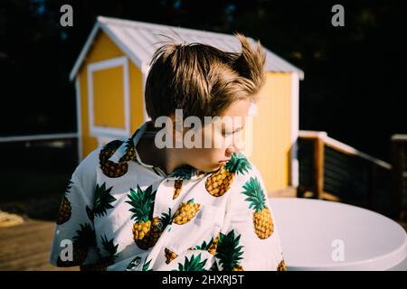 Teen Boy in Pineapple Shirt guarda verso il tramonto su Windy Dock Foto Stock