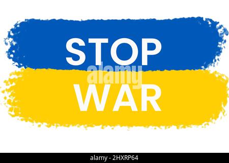 STOP GUERRA simbolo, scritto sopra la bandiera dell'Ucraina, un messaggio che chiede la pace Foto Stock