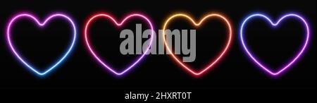 Set di cornici cardiache al neon gradienti. Bordi luminosi isolati su sfondo scuro. Illustrazione Vettoriale
