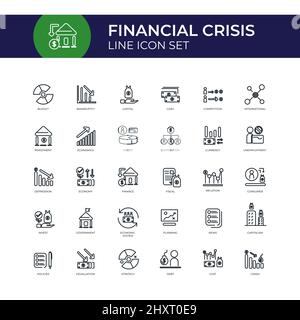 Serie di icone della linea di crisi finanziaria. Rischio. Concetto di finanza. Set di icone commerciali fallite. Può essere utilizzato per argomenti come perdita finanziaria, fallimento, crash Illustrazione Vettoriale