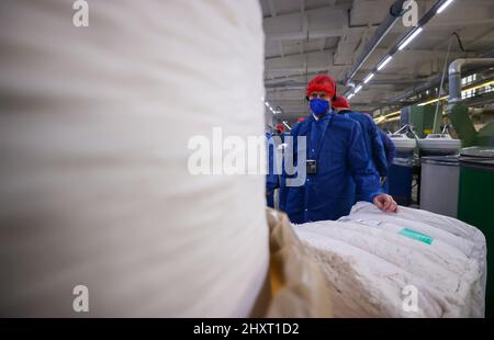 14 marzo 2022, Sassonia, Oederan: Michael Kretschmer (2nd da sinistra, CDU), Ministro Presidente della Sassonia, visita la produzione presso il produttore di bastoncini di cotone Lemoine. L'azienda, che ha 100 dipendenti, si affida maggiormente alla carta anziché alla plastica per il suo imballaggio. A tal fine, nello stesso giorno è stato messo in funzione un nuovo impianto di imballaggio. I tamponi di cotone sono ora imballati in sacchetti di carta invece di sacchetti di plastica prima che siano venduti in drogherie e supermercati. Il nuovo imballaggio è realizzato con carta riciclata al 100% ed è prodotto interamente in Sassonia. Secondo l'azienda, più di due milli Foto Stock