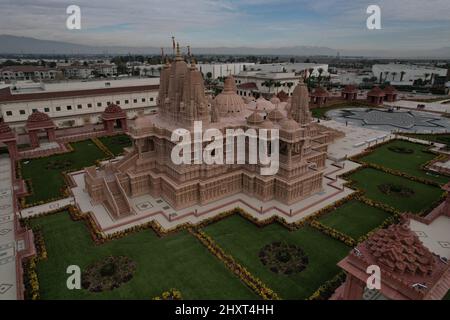 Una vista aerea del drone del tempio religioso Swaminarayan Akshardham a Delhi, India Foto Stock