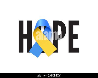 Testo della speranza con nastro di consapevolezza a colori della bandiera Ucraina. Aiuto e nessuna guerra nel paese dell'Ucraina Illustrazione Vettoriale