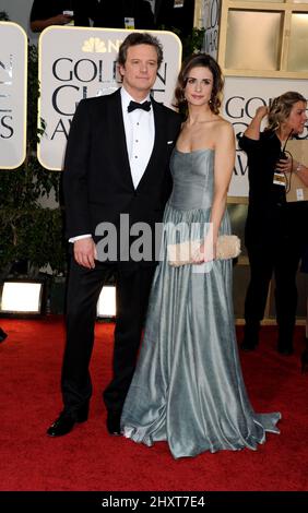 Colin Firth e Livia Giuggioli in arrivo per la cerimonia annuale Golden Globe Awards 68th, tenutasi presso il Beverly Hilton Hotel di Los Angeles, CA, USA Foto Stock
