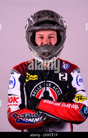 MANCHESTER, REGNO UNITO. MAR 14th Jye Etheridge - Belle Vue 'ATPI' Aces durante il Belle Vue Speedway Media Day al National Speedway Stadium di Manchester, lunedì 14th marzo 2022. (Credit: Ian Charles | MI News) Foto Stock