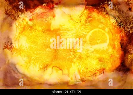 Corona di Natale decorata con fette aranciate e palline colorate su fondo bianco. Foto Stock