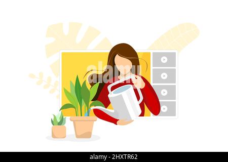 Video blogger donna casalinga cura su online media player interfaccia. Donna casalinga che innaffia pianta in pot web streaming. Tutorial live stream di Grow indoor Plant. Canale vlogger broadcast influencer Illustrazione Vettoriale