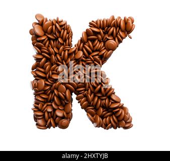 3D illustrazione della lettera K fatta di gocce di cioccolato isolate su sfondo bianco Foto Stock