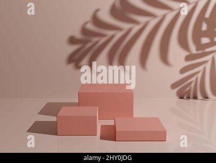 Tre podi rosa o si trova su sfondo rosa pastello per l'esposizione del prodotto. Composizione minimalistica rosa chiaro per la fotografia del prodotto 3D rendering mockup. Foto Stock