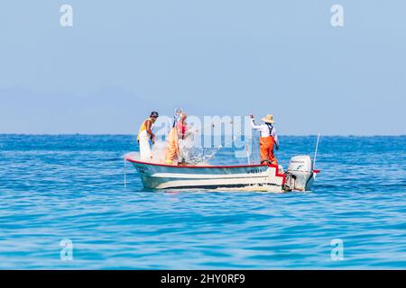 Playa El Tecolote, la Paz, Baja California sur, Messico. Novembre 12, 2021. Pescatore che tira in una rete sul mare di Cortez. Foto Stock