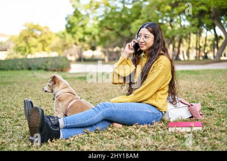 Vista laterale del corpo pieno del proprietario femminile del soddisfare che ha conversazione del telefono mentre si siede sul prato erboso vicino il cane cute nel parco Foto Stock