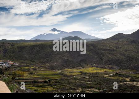 Piantagioni e case rurali in valle circondata da una serie di colline sull'isola di Tenerife Foto Stock