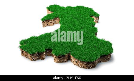 3D illustrazione della sezione trasversale geologica del terreno della mappa del Galles con erba verde e terreno roccioso Foto Stock