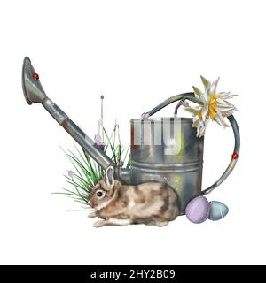 Acquerello composizione di Pasqua. Conigli, uova di Pasqua e fiori Foto Stock