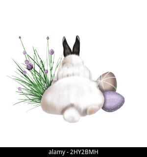 Acquerello composizione di Pasqua. Conigli, uova di Pasqua e fiori Foto Stock