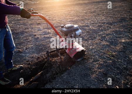 l'uomo coltiva il terreno nel giardino con un timone che prepara il terreno per la semina Foto Stock