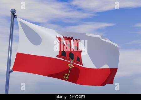 Illustrazione della bandiera ondeggiante di Gibilterra con palo di bandiera cromato in cielo blu che ondola nel vento. Foto Stock