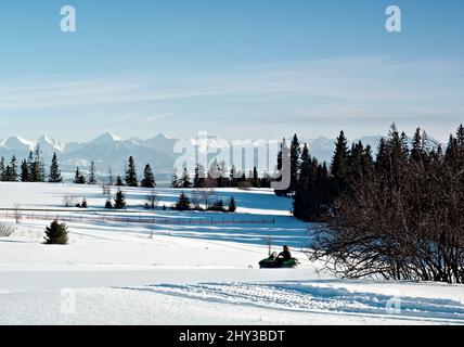 Montagne polacche di Tatra, escursioni in motoslitta e in inverno, cime di montagna e un muro di alberi di montagna Foto Stock