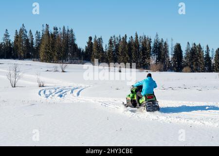 Montagne polacche di Tatra, escursioni in motoslitta e in inverno, cime di montagna e un muro di alberi di montagna Foto Stock