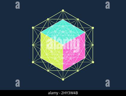 Cubo solido matematico 3D, Mandala esagonale, geometria sacra, esagramma magico. Disegno astratto della linea dell'elemento di ripetizione geometrica. Icona colorata mistica Illustrazione Vettoriale