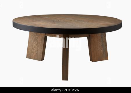 Vista di un tavolino rotondo in legno isolato su sfondo bianco Foto Stock