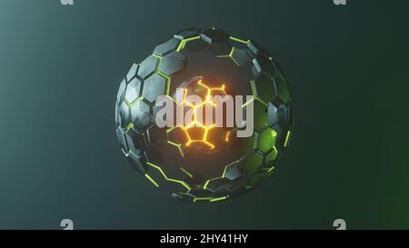 Visualizzazione nucleo di fisica nucleare. Illustrazione Render Abstract Geometry Sphere 3D Foto Stock