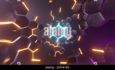 Visualizzazione nucleo di fisica nucleare. Illustrazione Render Abstract Geometry Sphere 3D Foto Stock