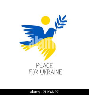 Colomba di Pace nella bandiera Ukraniana colori blu e giallo. Pregate per la pace in Ucraina banner concetto. Piccione volante con un ramoscello in un becco per l'Ucraina liberato Illustrazione Vettoriale