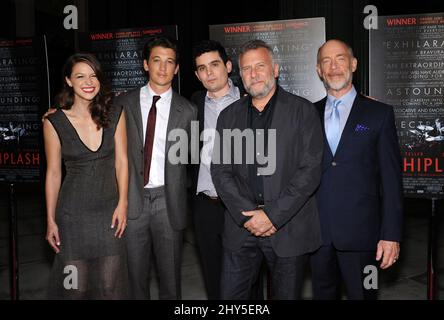 Melissa Benoist, Miles Teller, Damien Chazelle, Paul Reiser e frequenta il Whiplash Premiere di Los Angeles Foto Stock