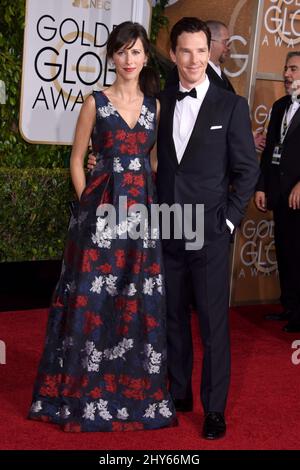 Sophie Hunter e Benedict Cumberbatch in arrivo per i Golden Globe Awards 72nd che si tengono al Beverly Hilton Hotel. Foto Stock