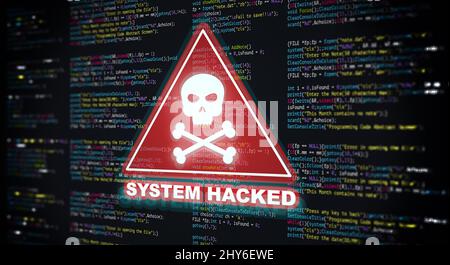 Astratto moderna tecnologia di programmazione schermata del codice con avviso di sistema hacked. Virus, malware, attacchi informatici e concetto di sicurezza informatica su Internet Foto Stock