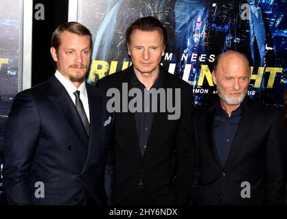 Joel Kinnaman, Liam Neeson ed ed Harris partecipano alla prima di 'Run All Night' a New York. Foto Stock