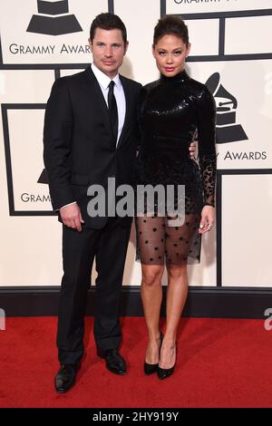 Nick Lachey & Vanessa Minnillo in arrivo ai Grammy Awards 58th che si tengono allo Staples Center di Los Angeles Foto Stock