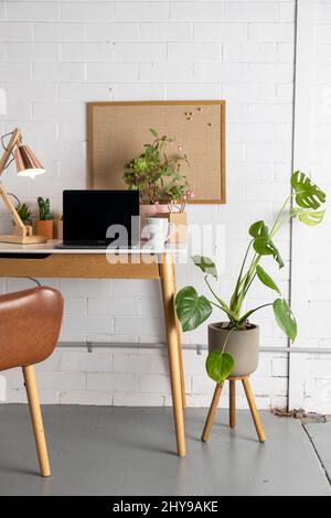 Tazza di caffè su una scrivania accanto al computer portatile in un ufficio domestico. Pentola piante sulla scrivania e sul pavimento. Computer portatile aperto sulla scrivania. Note sul bordo di sughero. Foto Stock