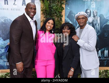 Magic Johnson, cookie Johnson, Latanya Richardson & Samuel L. Jackson partecipa alla prima mondiale della leggenda di Tarzan tenuto al Dolby Theatre di Hollywood, California. Foto Stock