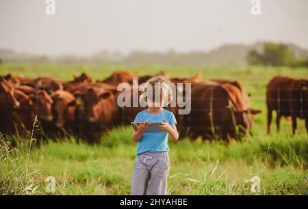 Coltivatore di bambini alla fattoria di mucche. Bambini in campagna. Bambino con tavoletta in fattoria. Foto Stock