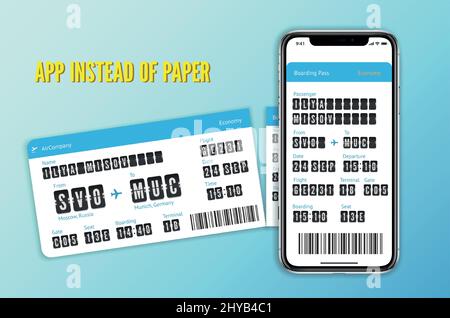 Biglietto elettronico. Modello di carta d'imbarco per app mobili. Check-in online della scheda Vector Illustration Illustrazione Vettoriale