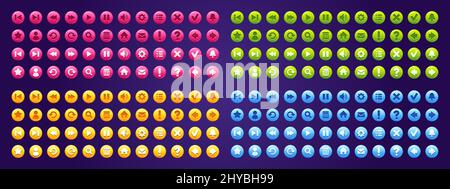 Set di pulsanti per l'interfaccia di gioco o app, elementi di progettazione dell'interfaccia utente del menu. Tasti utente freccia, ingranaggio, pausa e campana di notifica, riproduzione, zoom, impostazioni, messaggio, home page, domanda, icone vettoriali con isolamento a stella Illustrazione Vettoriale