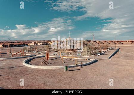 Vista aerea di una città fantasma abbandonata nel deserto cileno Foto Stock
