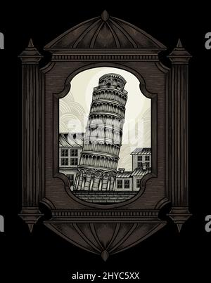 Illustrazione torre Pisa vintage con stile incisione Illustrazione Vettoriale