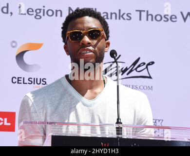 Chadwick Boseman partecipa alla cerimonia delle impronte digitali e delle mani di Stan Lee che si tiene al TCL Chinese Theatre IMAX Foto Stock