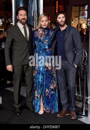 Abbie Cornish, Gerald Butler, Jim Sturgess che ha partecipato al 'Geostom' World Premiere tenuto al TCL Chinese Theatre IMAX di Los Angeles, USA Foto Stock