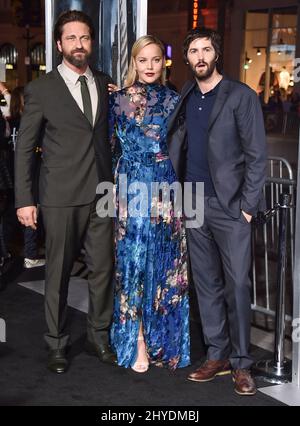 Gerald Butler, Abbie Cornish e Jim Sturgess hanno partecipato alla prima mondiale 'Geostom' tenutasi al TCL Chinese Theatre IMAX di Los Angeles, USA Foto Stock