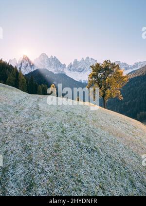 Misty mattina nel villaggio di San Magdalena. Scena pittoresca e splendida. Ubicazione famosa Place Funes Valley, Odle Group, Dolomiti Alps. Provincia di Bol Foto Stock