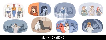 Insieme di persone malate infelice diverse soffrono di problemi psicologici mentali. Raccolta di uomini e donne emotivi spaventati lotta con attacco di panico o disturbo bipolare. Illustrazione vettoriale. Illustrazione Vettoriale