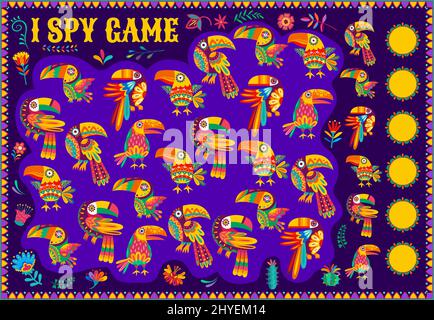 Cartone animato messicano toucan uccelli su bambini i gioco spia. Rompicapo dei bambini delle scuole elementari con attività di calcolo. Giochi di indovinello educativo per bambini con uccelli toucan tropicali e ornamenti floreali Illustrazione Vettoriale