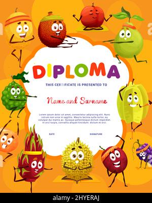 Diploma per bambini. Divertenti frutta cartoon su yoga fitness o pilates sport. Allegro bergamotto, stella di frutta, frutta di drago e lychee, melone e pera, morange e personaggi sportivi di uva in pose yoga Illustrazione Vettoriale